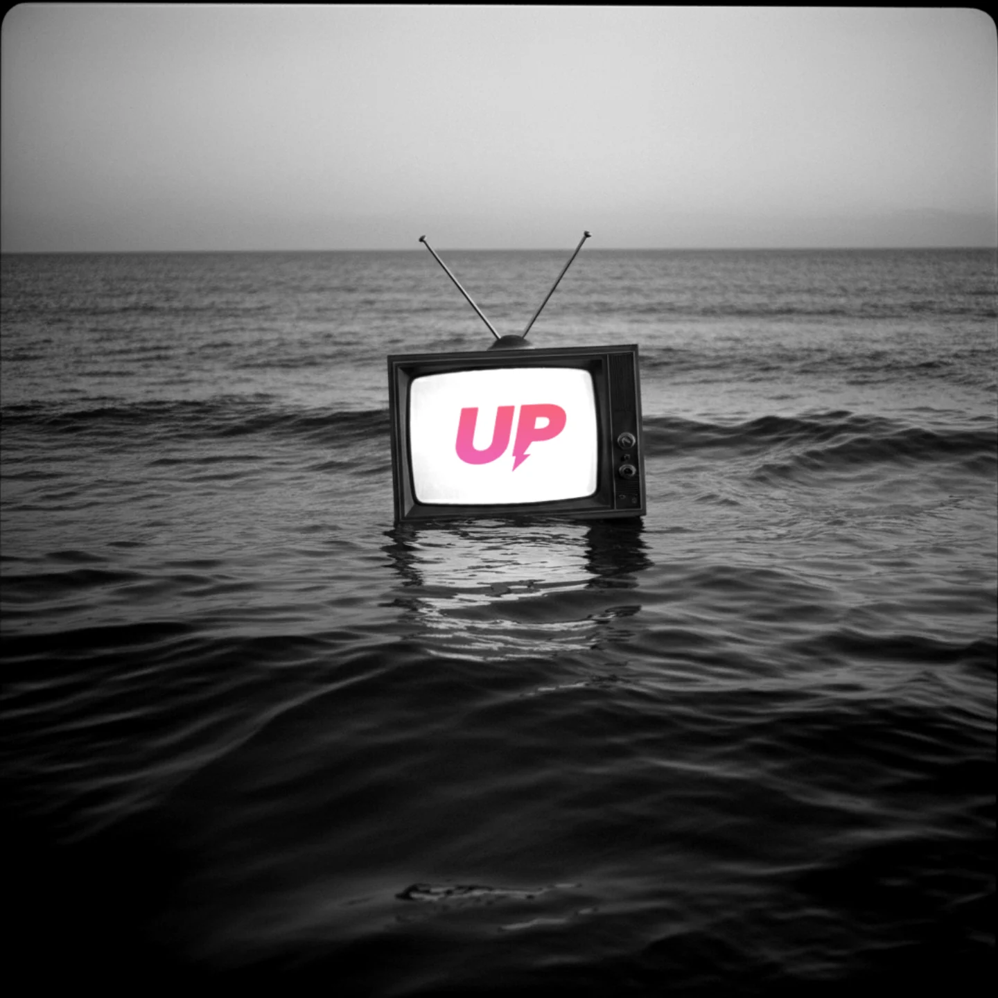 Television above the water with the UP symbol on the screen.