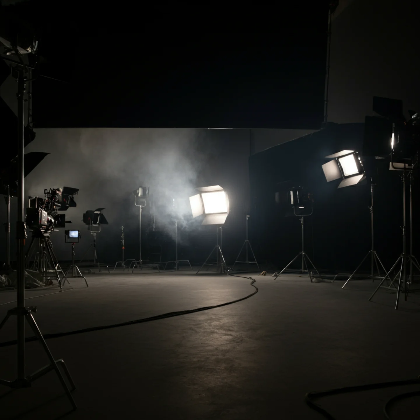 Production studio with lights ready for a shoot.